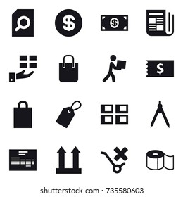 16 vector icon set : search document, dollar, money, newspaper, gift, shopping bag, courier, receipt, label, panel house, drawing compass, toilet paper