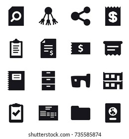 16 vector icon set : search document, share, receipt, clipboard, account balance, atm receipt, copybook, slum, modular house, passport