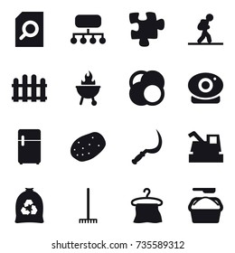16 vector icon set : search document, structure, puzzle, tourist, fence, bbq, sickle, harvester, garbage bag, rake, hanger, washing powder