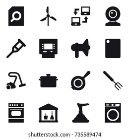 16 vector icon set : search document, windmill, notebook connect, web cam, atm, loudspeaker, cutting board, vacuum cleaner, pan, big fork, utility room, plunger, washing machine