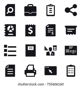 16 vector icon set : search document, portfolio, clipboard, share, annual report, receipt, account balance, atm receipt, list, copybook, architector, clipboard list