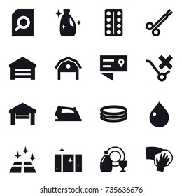 16 vector icon set : search document, cleanser, garage, barn, iron, inflatable pool, drop, clean floor, clean  window, dish cleanser, wiping