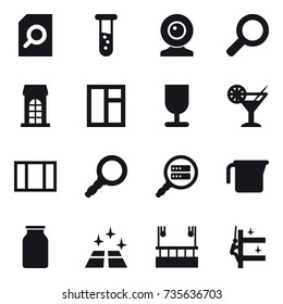 16 vector icon set : search document, vial, web cam, building, window, cocktail, measuring cup, clean floor, skyscapers cleaning, skyscrapers cleaning