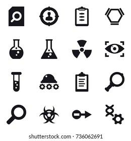 16 vector icon set : search document, target audience, clipboard, hex molecule, round flask, flask, nuclear, eye identity, vial, lunar rover, magnifier