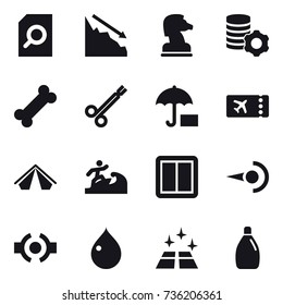 16 vector icon set : search document, crisis, chess horse, virtual mining, ticket, tent, surfer, power switch, drop, clean floor, cleanser