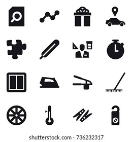 16 vector icon set : search document, graph, gift, car pointer, puzzle, power switch, iron, garlic clasp, rake, wheel, thermometer, clothespin, do not distrub