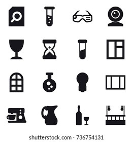 16 vector icon set : search document, vial, smart glasses, web cam, wineglass, window, arch window, bulb, jug, wine, skyscapers cleaning