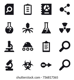 16 vector icon set : search document, clipboard, annual report, molecule, round flask, virus, flask, nuclear, microscope, lunar rover