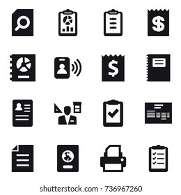 16 vector icon set : search document, report, clipboard, receipt, annual report, pass card, copybook, architector, passport, clipboard list