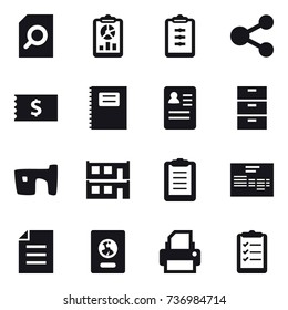 16 vector icon set : search document, report, clipboard, share, receipt, copybook, slum, modular house, passport, clipboard list