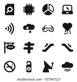 16 vector icon set : search document, chip, diagram, notebook, wireless, cloude service, smart glasses, cardio chip, shop signboard, singlepost, escalator, no smoking, do not distrub