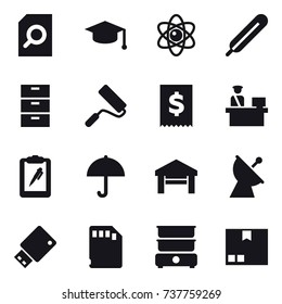 16 vector icon set : search document, graduate hat, atom, repair, garage, satellite antenna, package