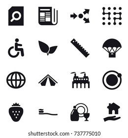 16 vector icon set : search document, newspaper, core splitting, chip, ruler, globe, tent, strawberry, tooth brush, dish cleanser, housing