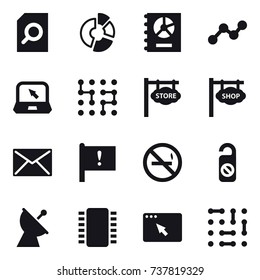 16 vector icon set : search document, circle diagram, annual report, graph, notebook, chip, store signboard, shop signboard, mail, no smoking, do not distrub, satellite antenna