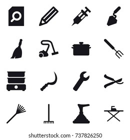 16 vector icon set : search document, pencil, construction, broom, vacuum cleaner, pan, big fork, sickle, wrench, pruner, rake, plunger, iron board