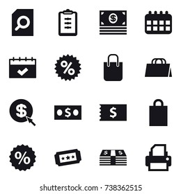 16 vector icon set : search document, clipboard, money, calendar, percent, shopping bag, dollar arrow, receipt, ticket