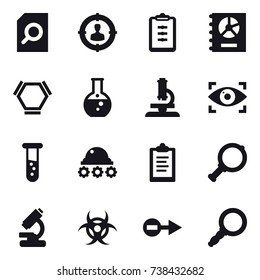16 vector icon set : search document, target audience, clipboard, annual report, hex molecule, round flask, microscope, eye identity, vial, lunar rover, magnifier