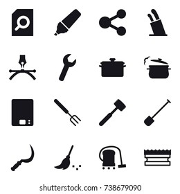 16 vector icon set : search document, marker, share, stands for knives, pan, steam pan, kitchen scales, big fork, meat hammer, shovel, sickle, broom, vacuum cleaner, sponge