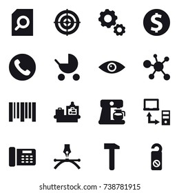 16 vector icon set : search document, target, gear, dollar coin, phone, baby stroller, baggage checking, coffee maker, do not distrub