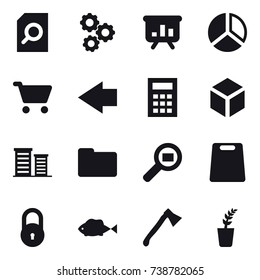 16 vector icon set : search document, gear, presentation, diagram, cart, left arrow, calculator, 3d, district, cutting board, axe, seedling