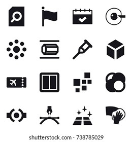 16 vector icon set : search document, flag, calendar, cell corection, round around, nanotube, 3d, ticket, power switch, clean floor, wiping