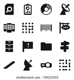 16 vector icon set : search document, report, circle diagram, satellite antenna, server, chip, barcode, shop signboard, signpost, stairs