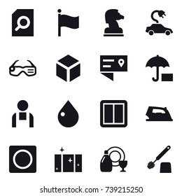 16 vector icon set : search document, flag, chess horse, electric car, smart glasses, 3d, drop, power switch, iron, ring button, clean  window, dish cleanser, toilet brush