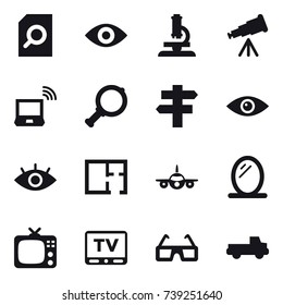 16 vector icon set : search document, eye, microscope, telescope, notebook wireless, magnifier, singlepost, plan, mirror, tv, pickup