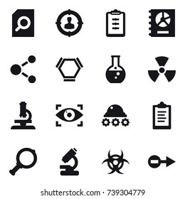 16 vector icon set : search document, target audience, clipboard, annual report, molecule, hex molecule, round flask, nuclear, microscope, eye identity, lunar rover, magnifier