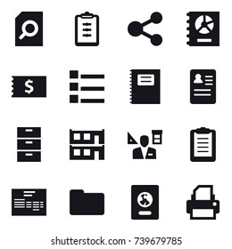 16 vector icon set : search document, clipboard, share, annual report, receipt, list, copybook, modular house, architector, passport