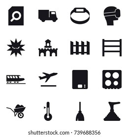 16 vector icon set : search document, truck, smart bracelet, virtual mask, fort, fence, train, departure, kitchen scales, wheelbarrow, thermometer, broom, plunger