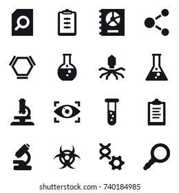 16 vector icon set : search document, clipboard, annual report, molecule, hex molecule, round flask, virus, flask, microscope, eye identity, vial