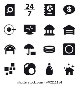16 vector icon set : search document, 24/7, annual report, money message, cell corection, goverment house, garage, barn, inflatable pool, ring button, cleanser, house cleaning