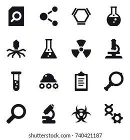 16 vector icon set : search document, molecule, hex molecule, round flask, virus, flask, nuclear, microscope, vial, lunar rover, clipboard, magnifier