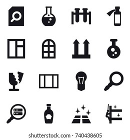 16 vector icon set : search document, round flask, window, arch window, clean floor, skyscrapers cleaning