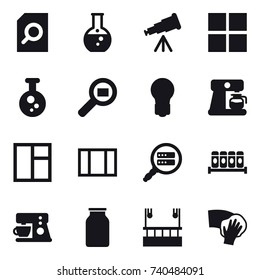 16 vector icon set : search document, round flask, telescope, window, bulb, coffee maker, skyscapers cleaning, wiping