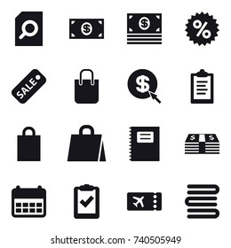 16 vector icon set : search document, money, percent, sale, shopping bag, dollar arrow, clipboard, copybook, ticket, towels