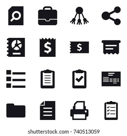 16 vector icon set : search document, portfolio, share, annual report, receipt, atm receipt, list, clipboard list