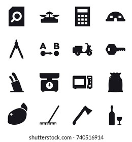 16 vector icon set : search document, scales, calculator, dome house, drawing compass, key, stands for knives, kitchen scales, rake, axe, wine