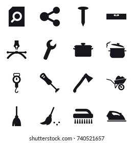 16 vector icon set : search document, share, nail, level, pan, steam pan, handle scales, axe, wheelbarrow, broom, brush, iron