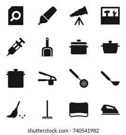 16 vector icon set : search document, marker, telescope, tools, scoop, pan, garlic clasp, skimmer, ladle, broom, rake, sponge, iron
