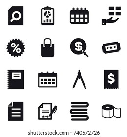 16 vector icon set : search document, report, calendar, gift, percent, shopping bag, dollar arrow, ticket, copybook, drawing compass, towels, toilet paper