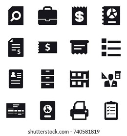 16 vector icon set : search document, portfolio, receipt, annual report, account balance, atm receipt, list, modular house, architector, passport, clipboard list