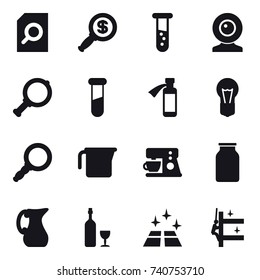 16 vector icon set : search document, dollar magnifier, vial, web cam, magnifier, measuring cup, jug, wine, clean floor, skyscrapers cleaning