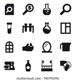 16 vector icon set : search document, dollar magnifier, round flask, window, arch window, mirror, measuring cup, skyscapers cleaning, wiping