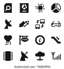 16 vector icon set : search document, annual report, chip, diagram, satellite antenna, up down arrow, notebook connect, smart glasses, cardio chip, store signboard, info, escalator