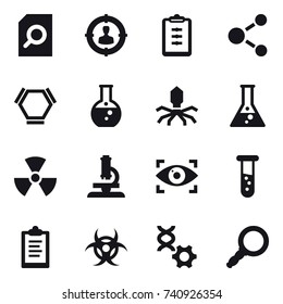 16 vector icon set : search document, target audience, clipboard, molecule, hex molecule, round flask, virus, flask, nuclear, microscope, eye identity, vial