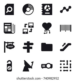 16 vector icon set : search document, circle diagram, annual report, graph, newspaper, notebook connect, cardio chip, barcode, shop signboard, singlepost, escalator, do not distrub