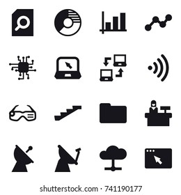16 vector icon set : search document, circle diagram, graph, chip, notebook, notebook connect, wireless, smart glasses, stairs, reception, satellite antenna