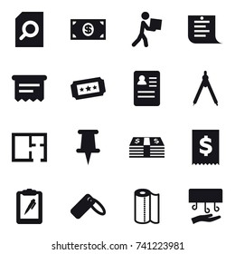 16 vector icon set : search document, money, courier, shopping list, atm receipt, ticket, drawing compass, plan, paper towel, hand dryer